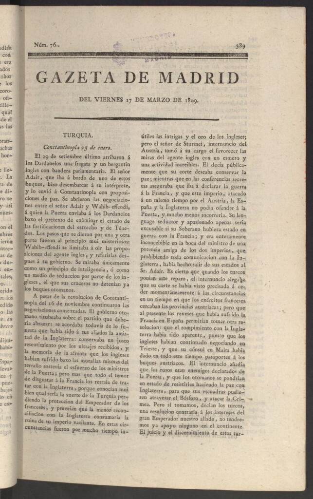 Miniatura de Gazeta de Madrid del 17 de marzo de 1809