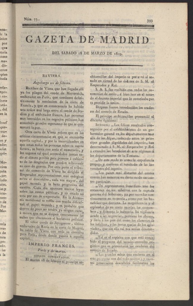 Miniatura de Gazeta de Madrid del 18 de marzo de 1809