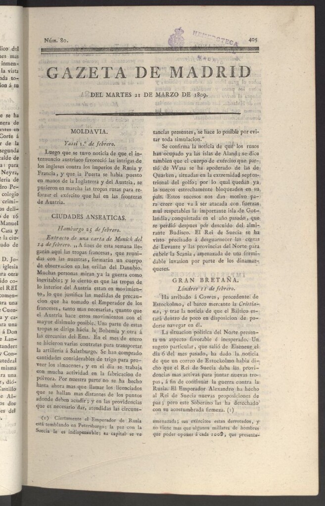 Miniatura de Gazeta de Madrid del 21 de marzo de 1809