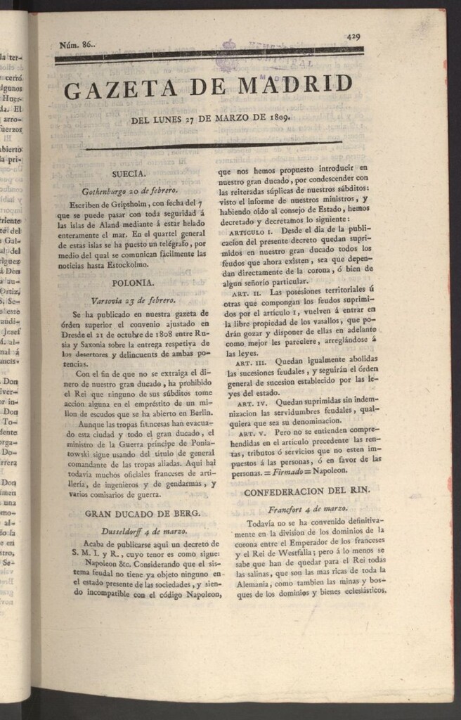 Miniatura de Gazeta de Madrid del 27 de marzo de 1809