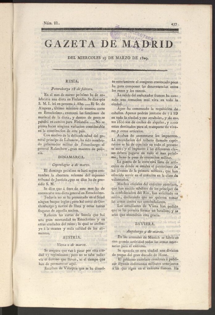 Miniatura de Gazeta de Madrid del 29 de marzo de 1809