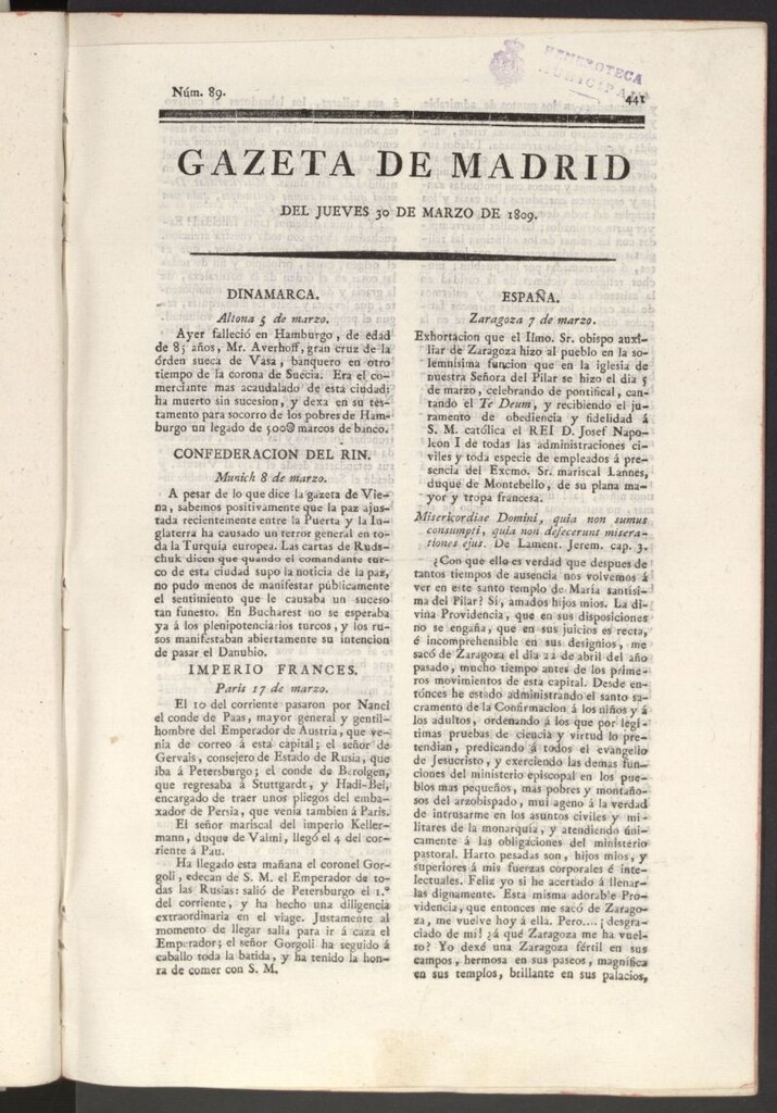 Miniatura de Gazeta de Madrid del 30 de marzo de 1809