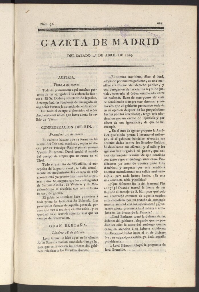Miniatura de Gazeta de Madrid del 1 de abril de 1809