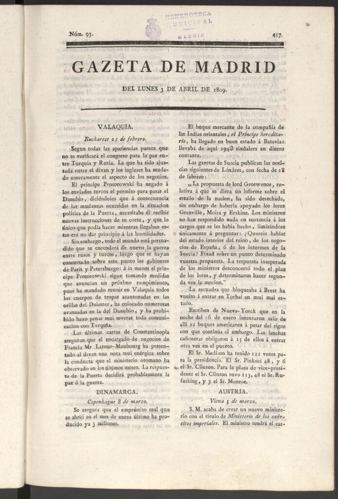 Miniatura de Gazeta de Madrid del 3 de abril de 1809