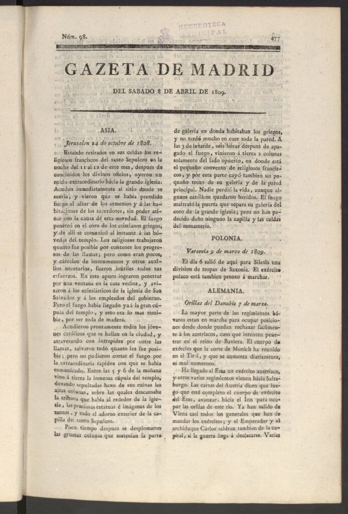 Miniatura de Gazeta de Madrid del 8 de abril de 1809