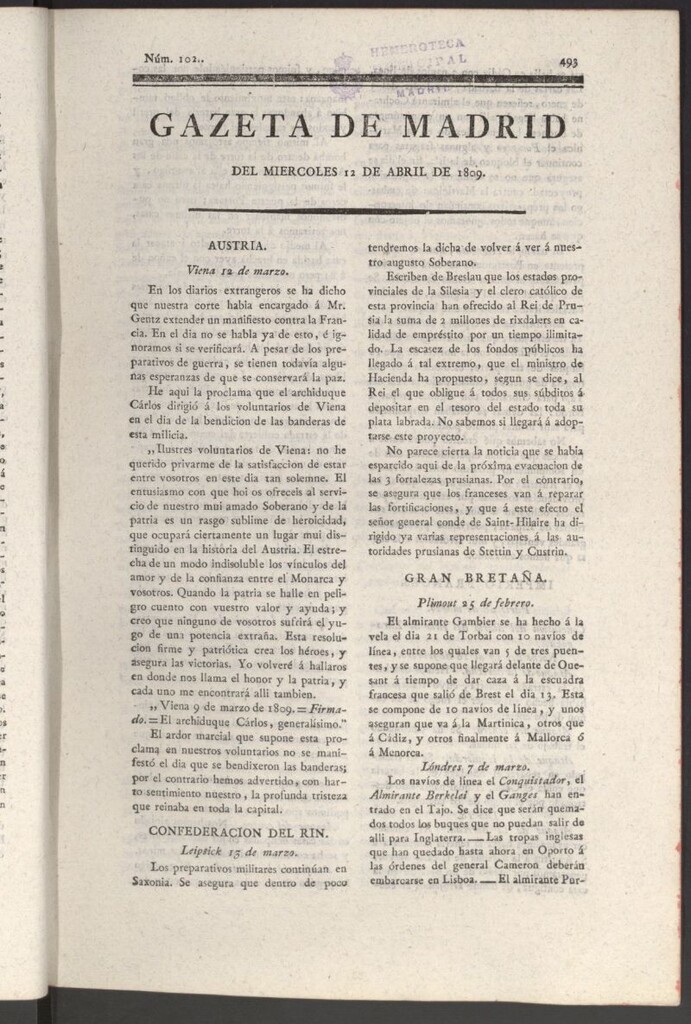 Miniatura de Gazeta de Madrid del 12 de abril de 1809
