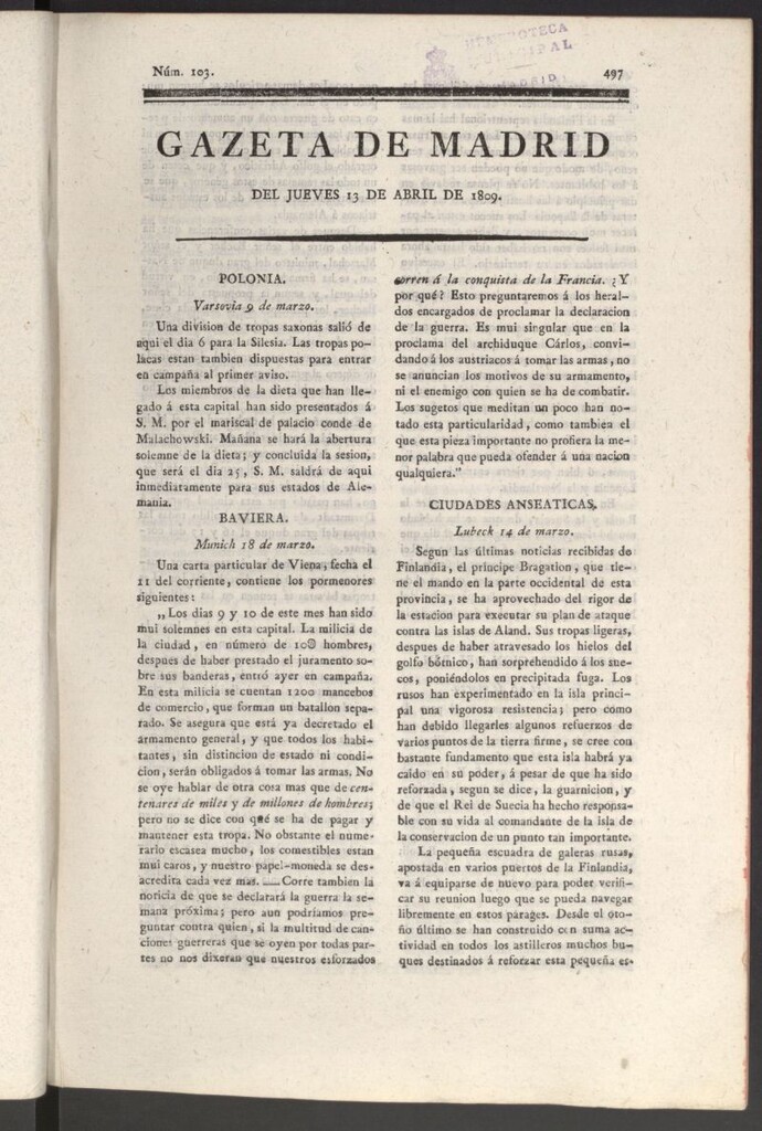 Miniatura de Gazeta de Madrid del 13 de abril de 1809