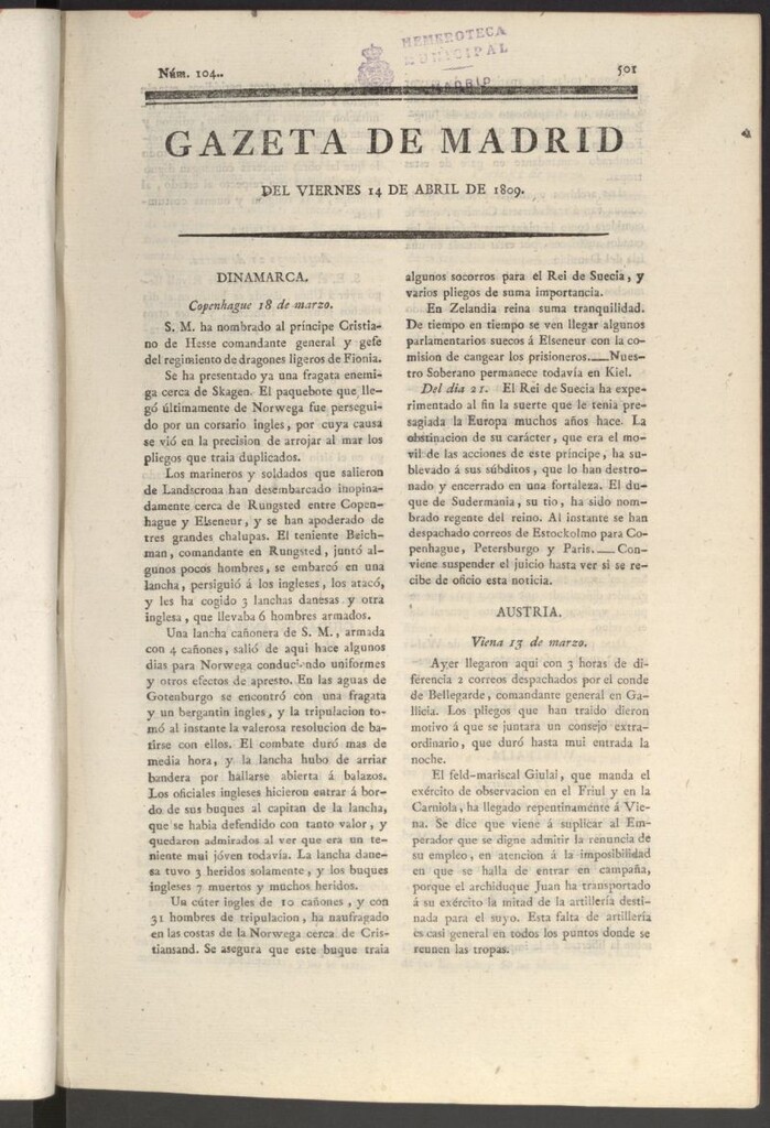 Miniatura de Gazeta de Madrid del 14 de abril de 1809