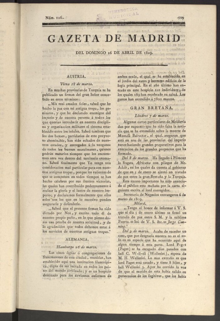 Miniatura de Gazeta de Madrid del 16 de abril de 1809