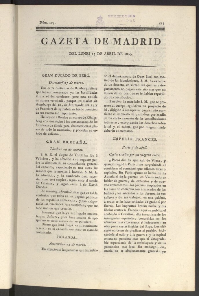 Miniatura de Gazeta de Madrid del 17 de abril de 1809