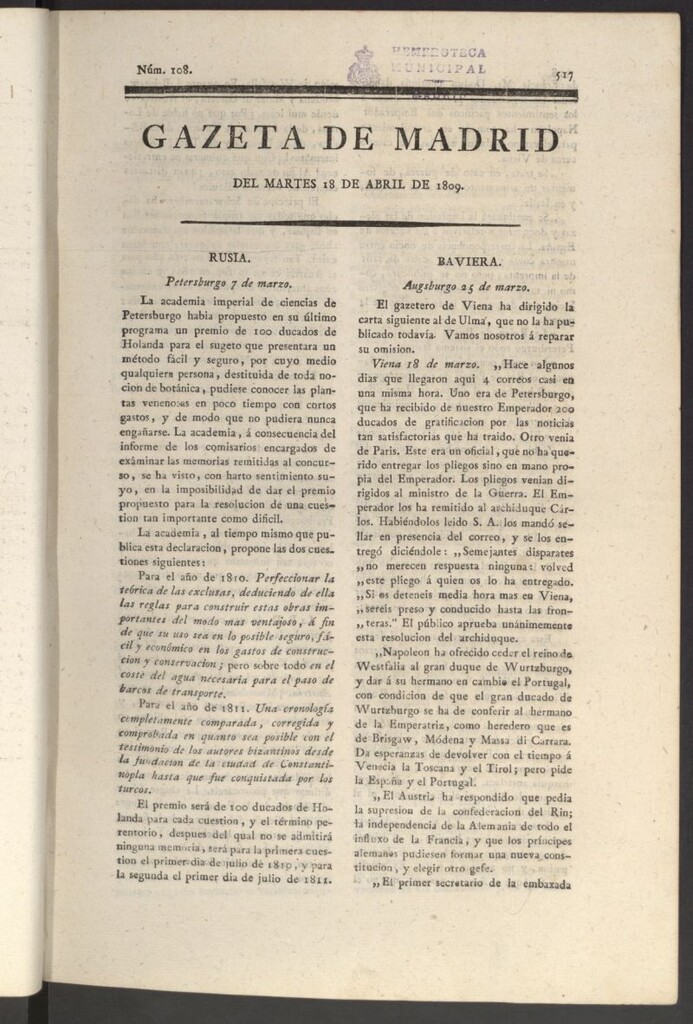 Miniatura de Gazeta de Madrid del 18 de abril de 1809