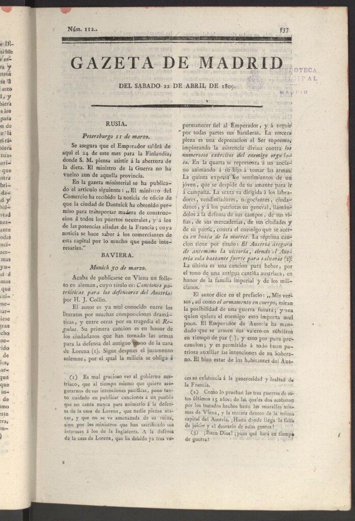 Miniatura de Gazeta de Madrid del 22 de abril de 1809