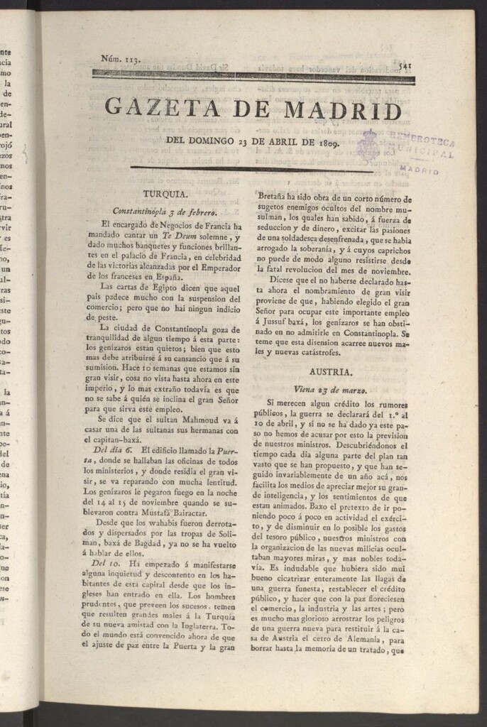 Miniatura de Gazeta de Madrid del 23 de abril de 1809