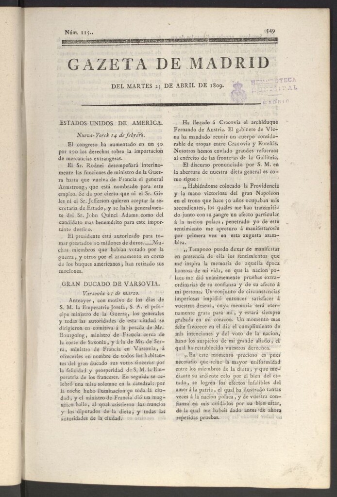 Miniatura de Gazeta de Madrid del 25 de abril de 1809