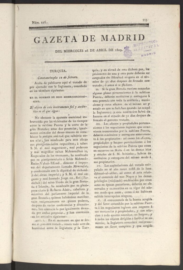 Miniatura de Gazeta de Madrid del 26 de abril de 1809