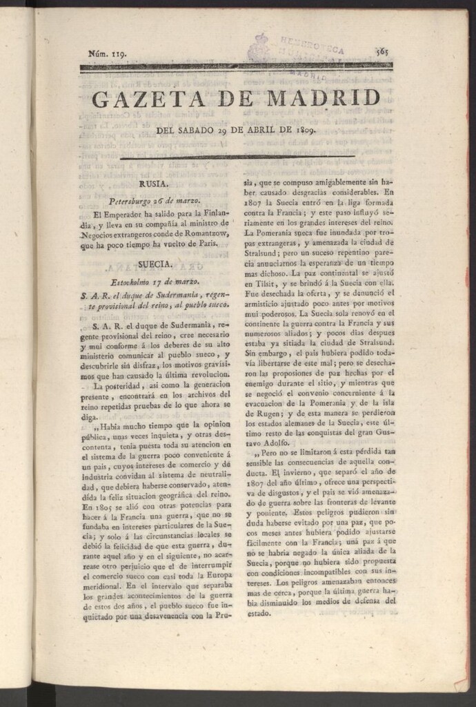 Miniatura de Gazeta de Madrid del 29 de abril de 1809
