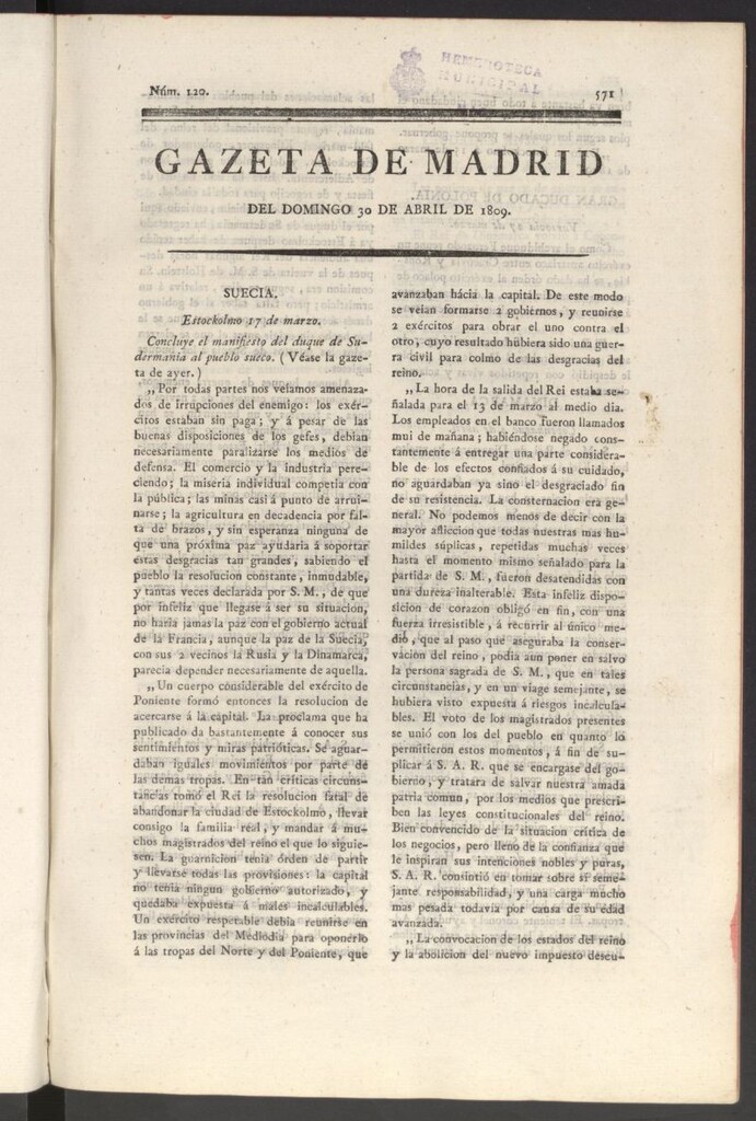 Miniatura de Gazeta de Madrid del 30 de abril de 1809