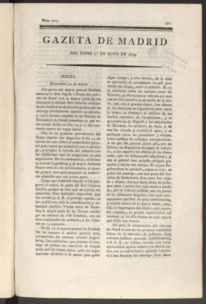 Miniatura de Gazeta de Madrid del 1 de mayo de 1809