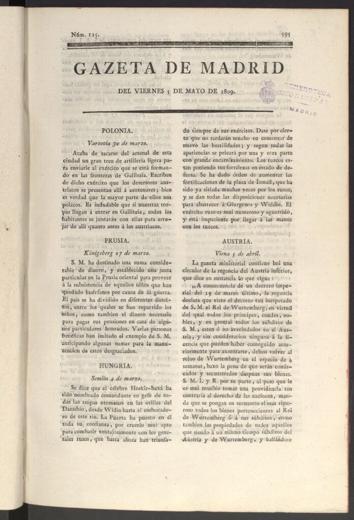 Miniatura de Gazeta de Madrid del 5 de mayo de 1809