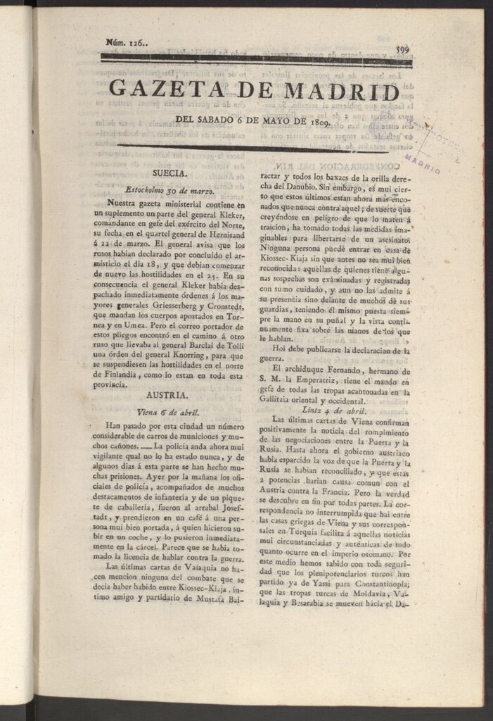 Miniatura de Gazeta de Madrid del 6 de mayo de 1809