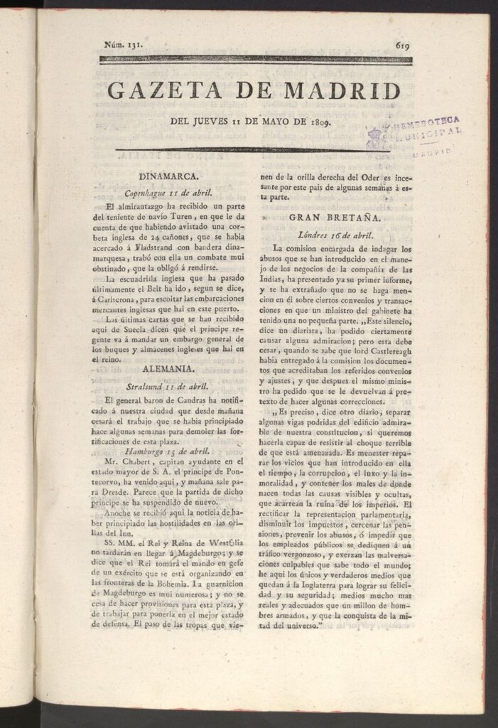 Miniatura de Gazeta de Madrid del 11 de mayo de 1809