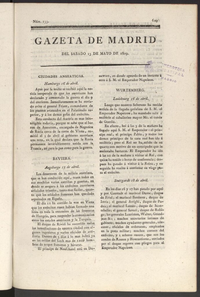 Miniatura de Gazeta de Madrid del 13 de mayo de 1809