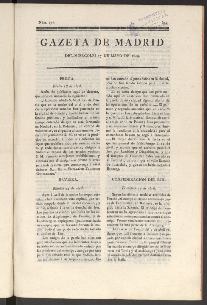 Miniatura de Gazeta de Madrid del 17 de mayo de 1809