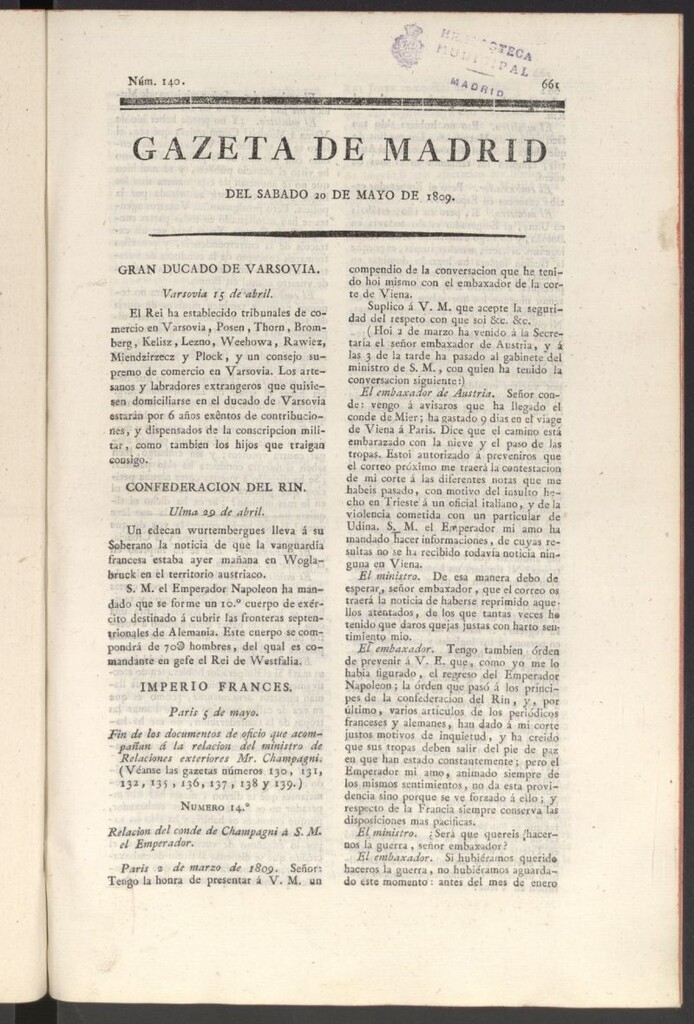 Miniatura de Gazeta de Madrid del 20 de mayo de 1809
