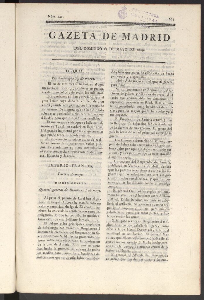 Miniatura de Gazeta de Madrid del 21 de mayo de 1809