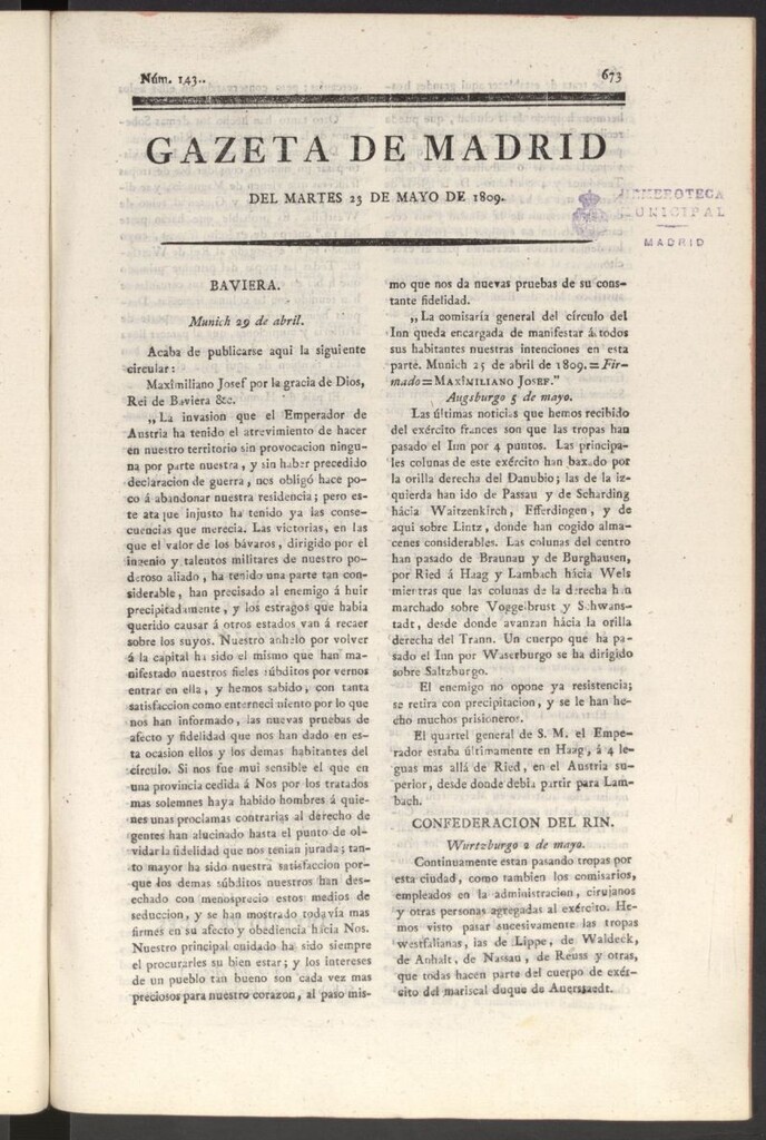 Miniatura de Gazeta de Madrid del 23 de mayo de 1809