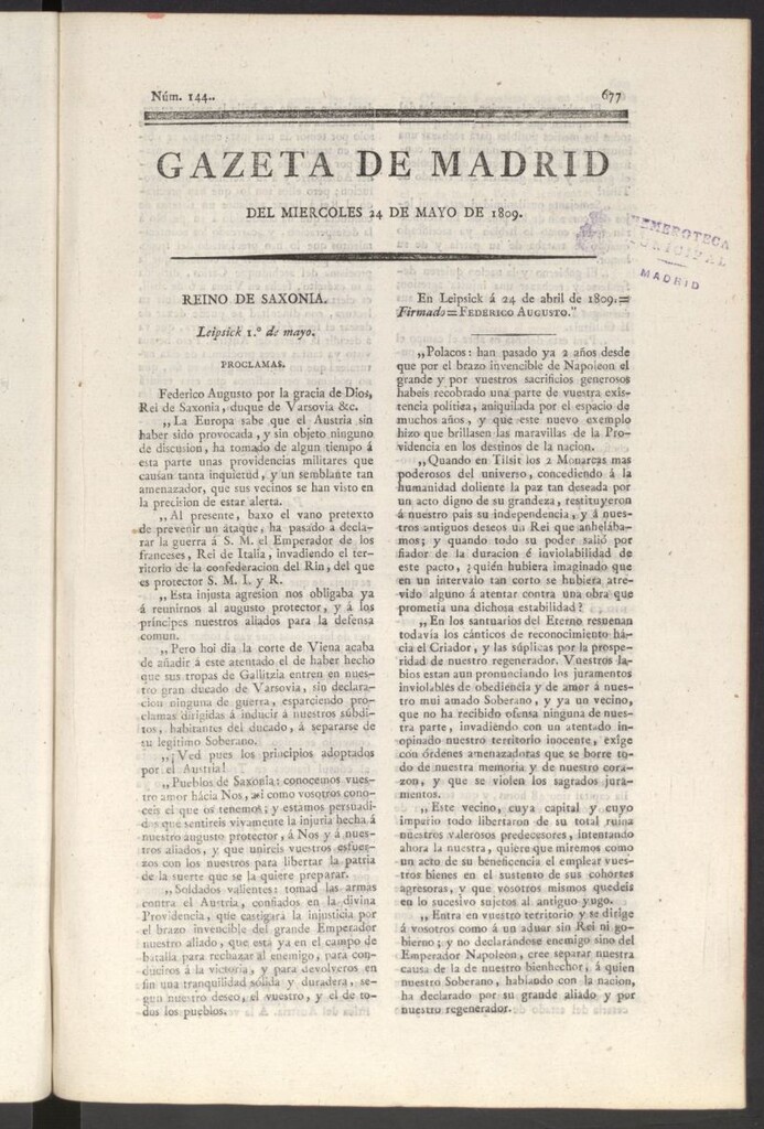 Miniatura de Gazeta de Madrid del 24 de mayo de 1809