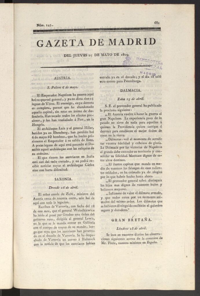 Miniatura de Gazeta de Madrid del 25 de mayo de 1809