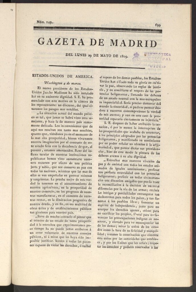 Miniatura de Gazeta de Madrid del 29 de mayo de 1809