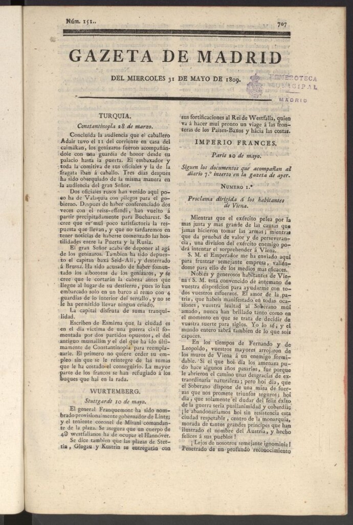 Miniatura de Gazeta de Madrid del 31 de mayo de 1809