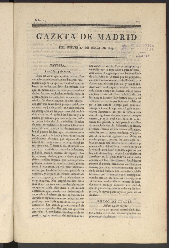 Miniatura de Gazeta de Madrid del 1 de junio de 1809
