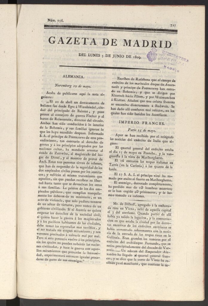 Miniatura de Gazeta de Madrid del 5 de junio de 1809