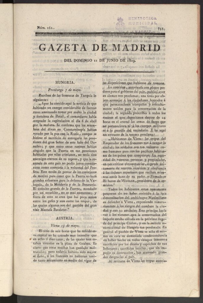 Miniatura de Gazeta de Madrid del 11 de junio de 1809