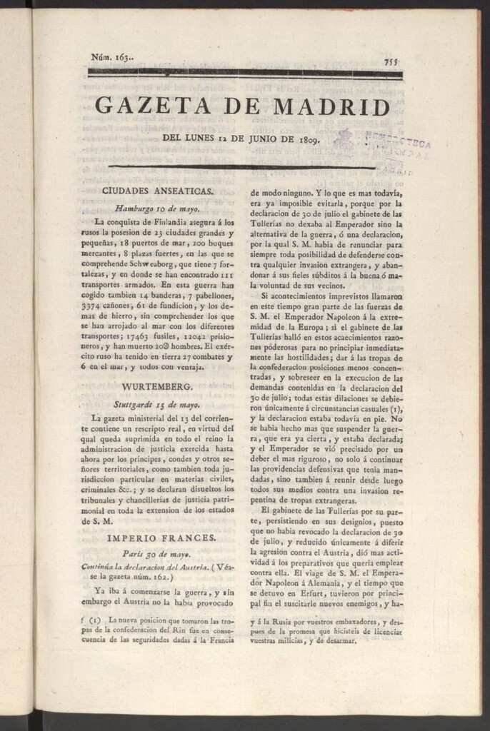 Miniatura de Gazeta de Madrid del 12 de junio de 1809