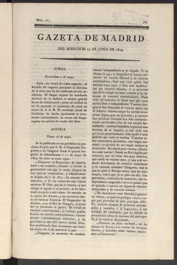 Miniatura de Gazeta de Madrid del 14 de junio de 1809
