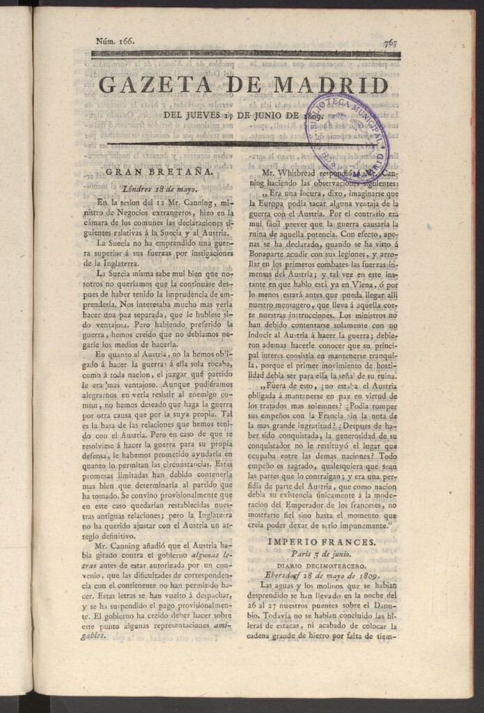 Miniatura de Gazeta de Madrid del 15 de junio de 1809
