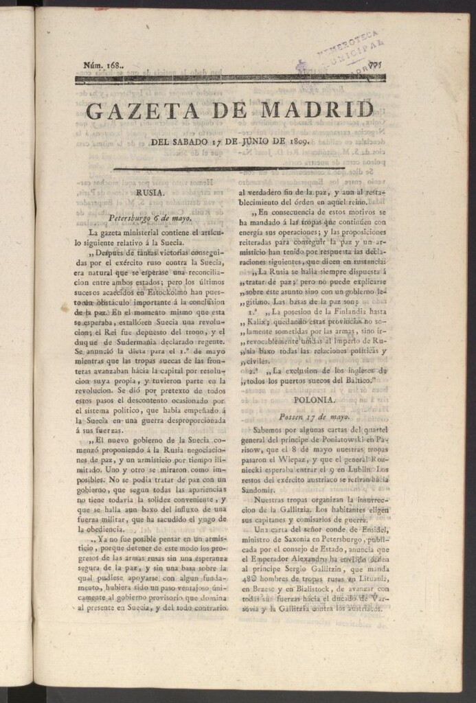 Miniatura de Gazeta de Madrid del 17 de junio de 1809