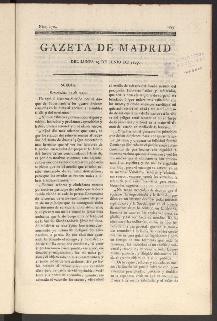 Miniatura de Gazeta de Madrid del 19 de junio de 1809