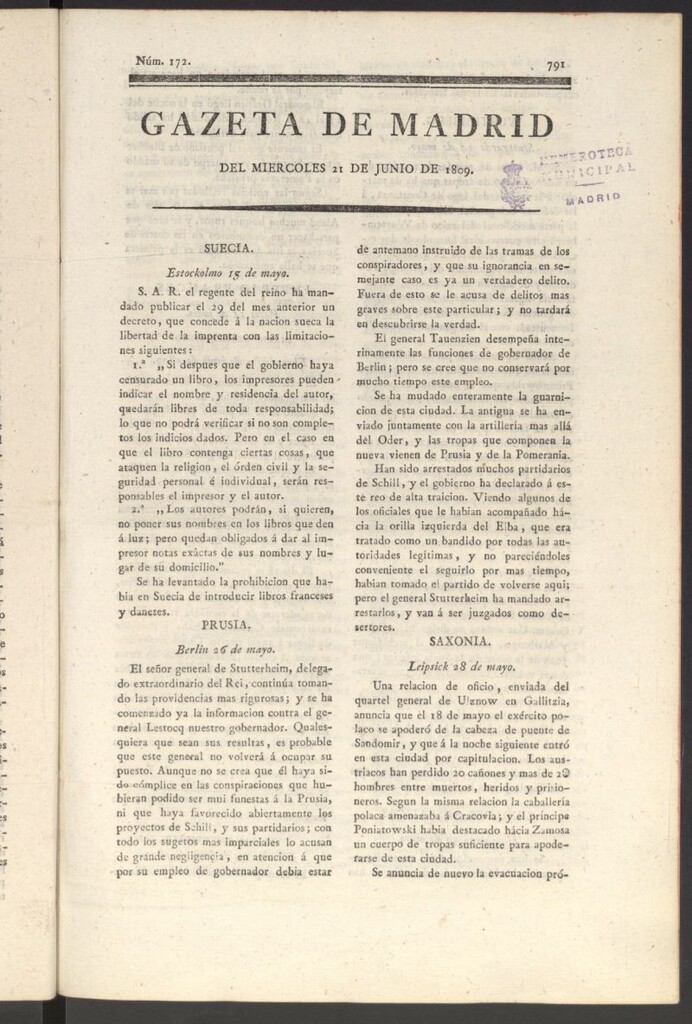 Miniatura de Gazeta de Madrid del 21 de junio de 1809
