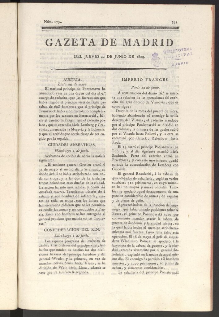 Miniatura de Gazeta de Madrid del 22 de junio de 1809