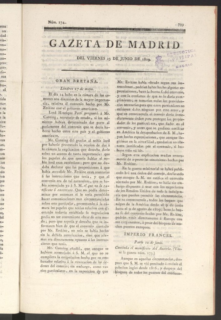 Miniatura de Gazeta de Madrid del 23 de junio de 1809