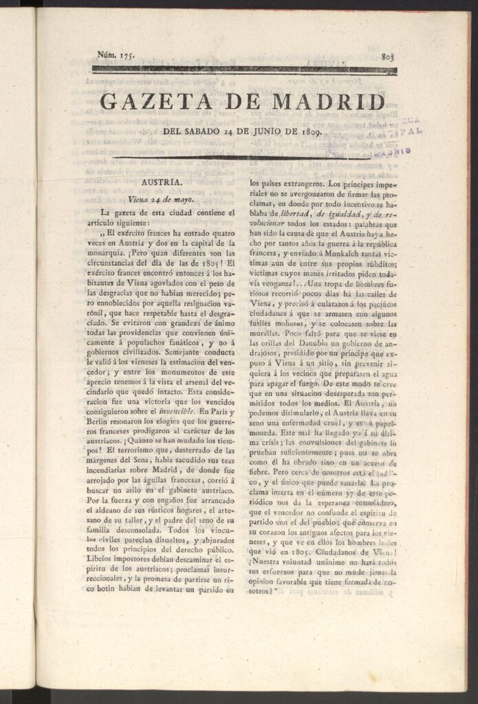 Miniatura de Gazeta de Madrid del 24 de junio de 1809