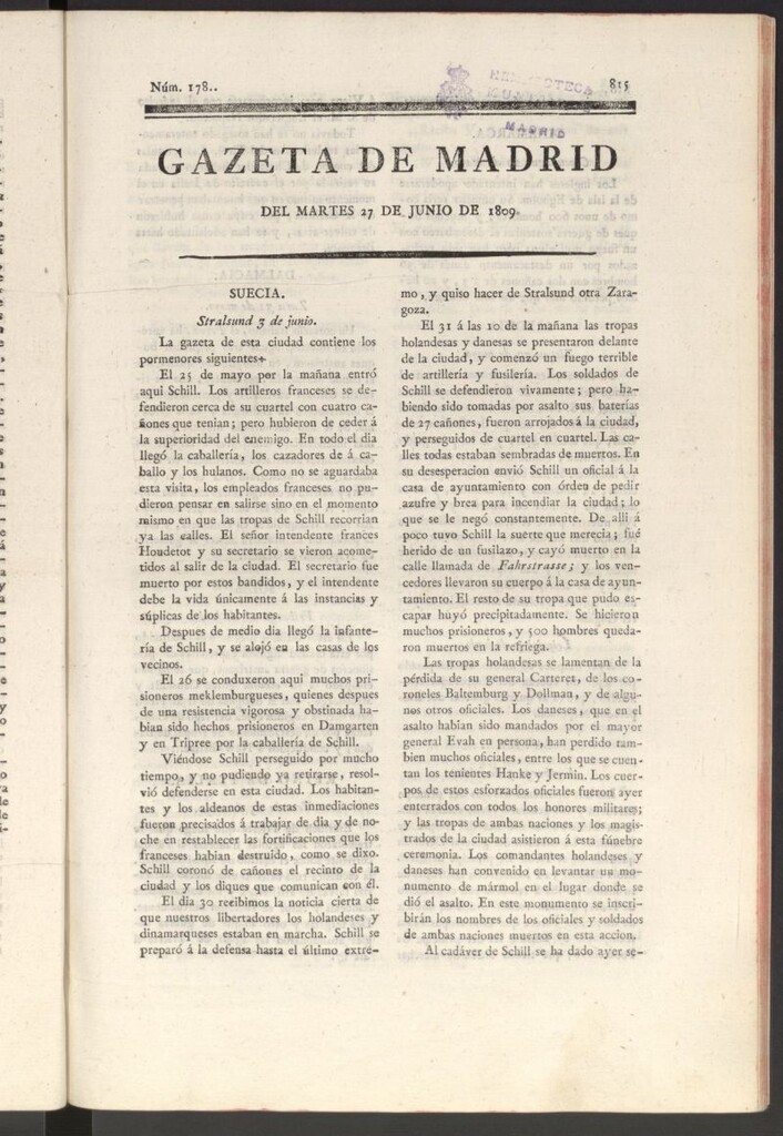 Miniatura de Gazeta de Madrid del 27 de junio de 1809