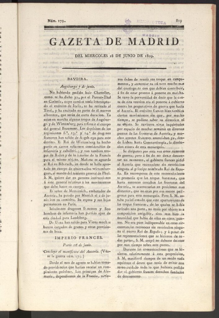 Miniatura de Gazeta de Madrid del 28 de junio de 1809