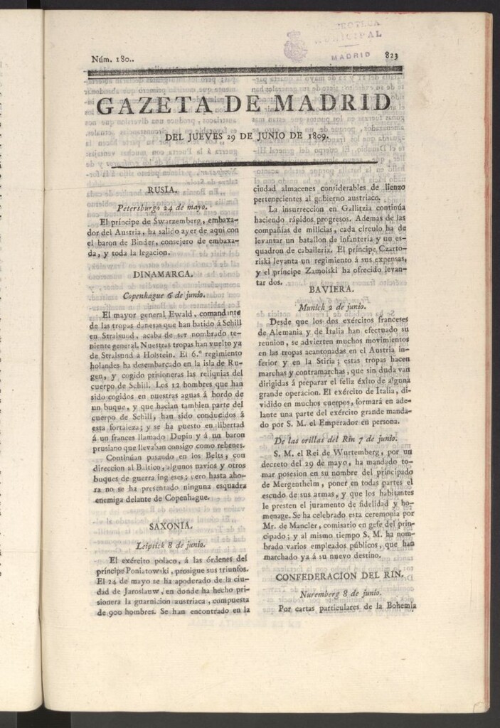 Miniatura de Gazeta de Madrid del 29 de junio de 1809