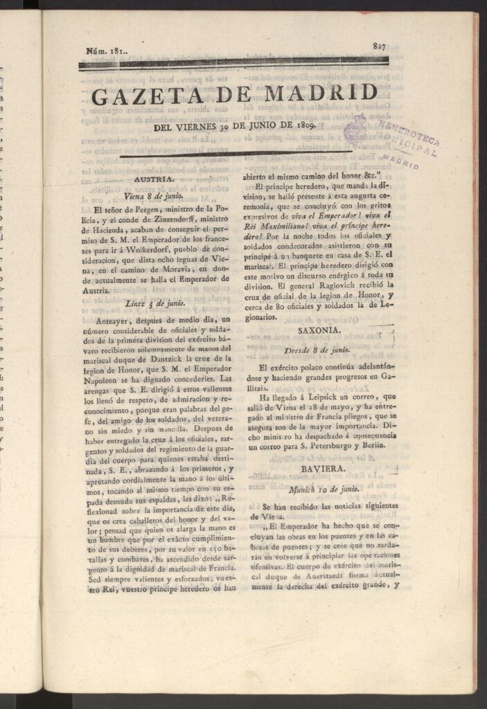 Miniatura de Gazeta de Madrid del 30 de junio de 1809